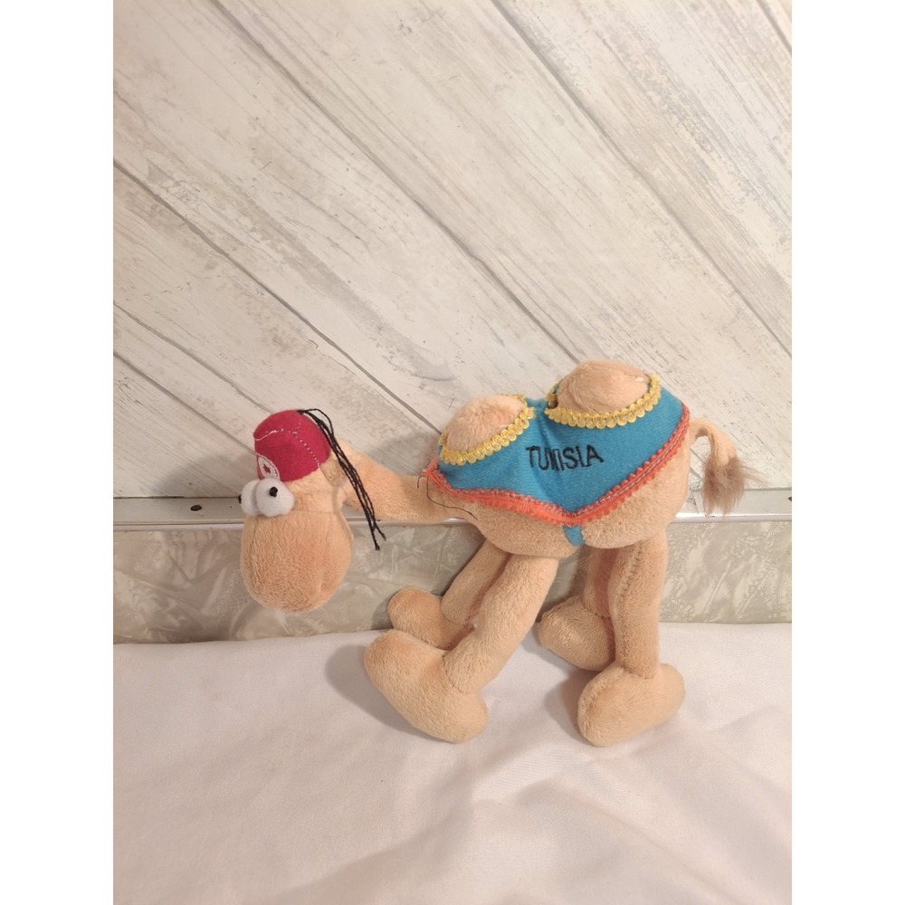 Hump Back Tan Plush Two Hump  Camel Wearing Saddle Red Hat NO TAG Vintage Tunisa